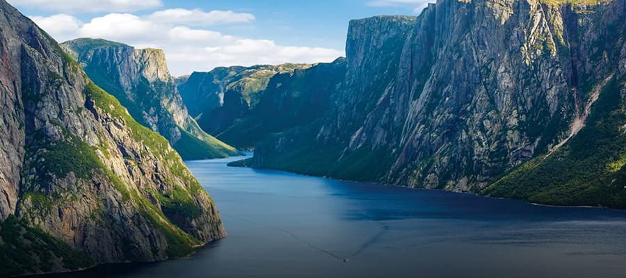 A wide view of the Western Brook Pond Fjord in Gros Morne National Park.