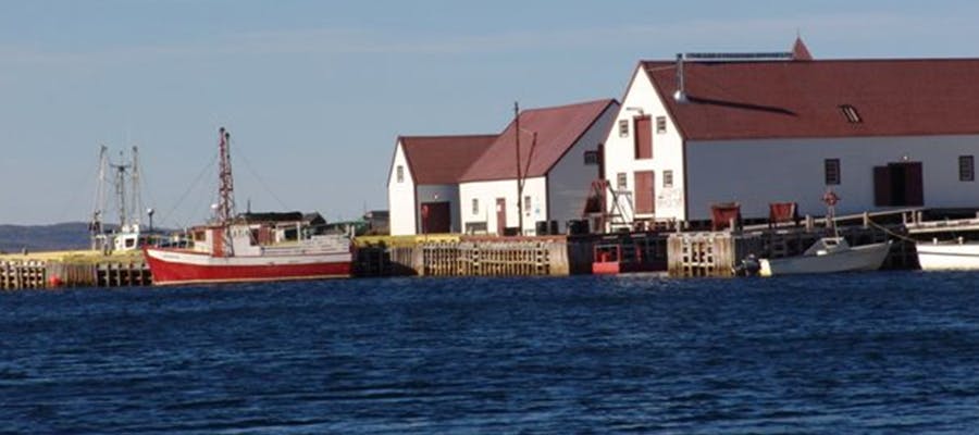 A harbour and warehouses in Southern Labrador.