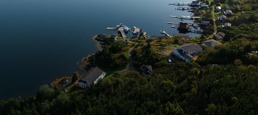 Aerial view of a serene lakeside village with scattered houses, a dock, and small boats. The lush greenery surrounds the settlement, and the calm lake reflects the sky, creating a peaceful atmosphere. Paths lead through the dense forest and to the water.