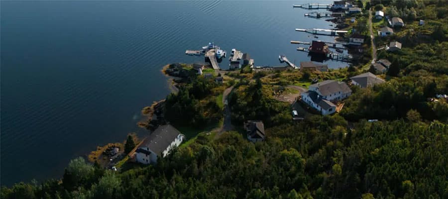 Aerial view of a serene lakeside village with scattered houses, a dock, and small boats. The lush greenery surrounds the settlement, and the calm lake reflects the sky, creating a peaceful atmosphere. Paths lead through the dense forest and to the water.