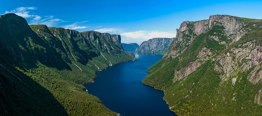 Aerial view of a vast canyon with steep cliffs and a wide, winding river cutting through lush green forests under a clear blue sky.