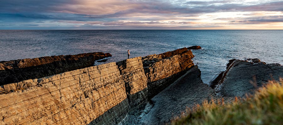 A traveller is gazing towards the ocean while standing on a fossil platform at Mistaken Point Ecological Reserve.