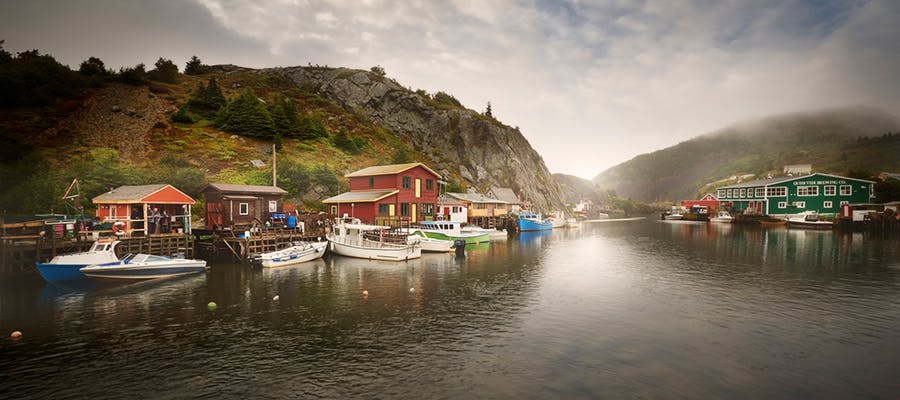 Colourful fishing stages and boats tied up at the dock in Quidi Vidi Village