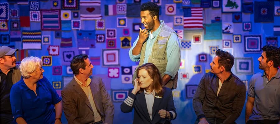 A map background with the text "Come From Away" in blue and "You are here" in red. "Gander Airport" is marked on the right side.