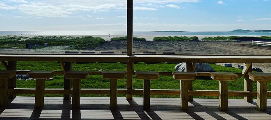 Wooden benches and tables under a covered area overlook a sandy beach with some green grass and rugged paths. The view extends to a calm sea and a distant coastline under a clear blue sky with scattered clouds.