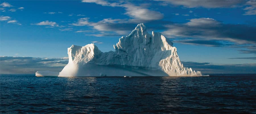 A large iceberg floats in a deep blue ocean near the rocky coastline. Waves crash against the shore, and the foreground shows patches of brown grass and rocky terrain under a clear sky.