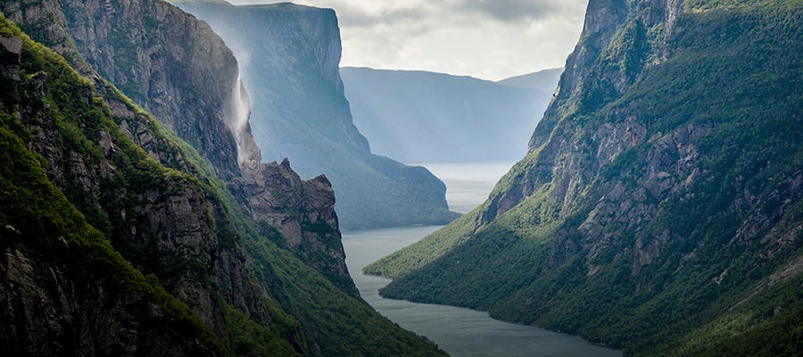 A wide view of the Western Brook Pond Fjord in Gros Morne National Park.