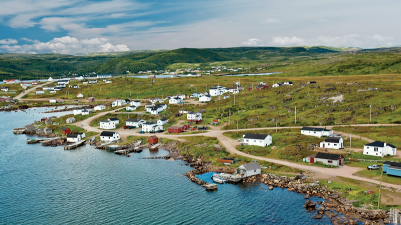 An aerial view of the coastal town of Red Bay.