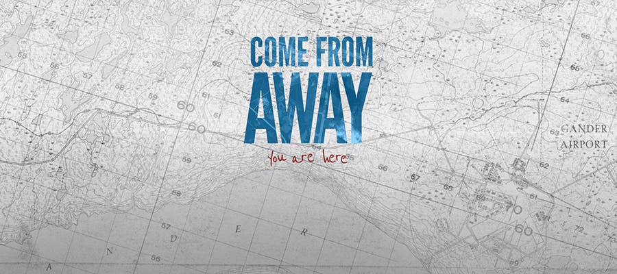 The Come from Away logo sits overtop a topographic map of Gander and area.