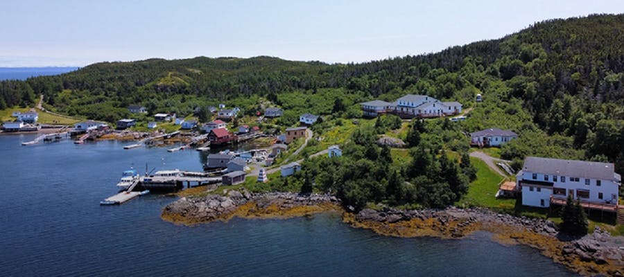 An aerial view of a small fishing village in Woody Island.