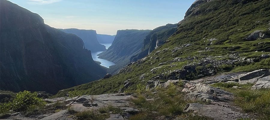 A wide view of Western Brook Pond Fjord in Gros Morne National Park.